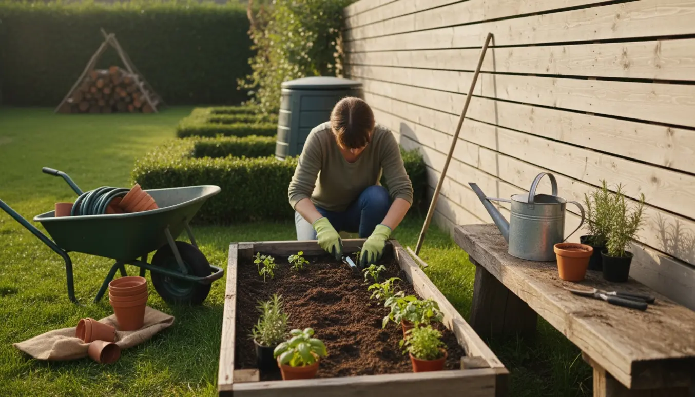 Person planter friske planter i en hævet plantekasse i en solrig baghave.