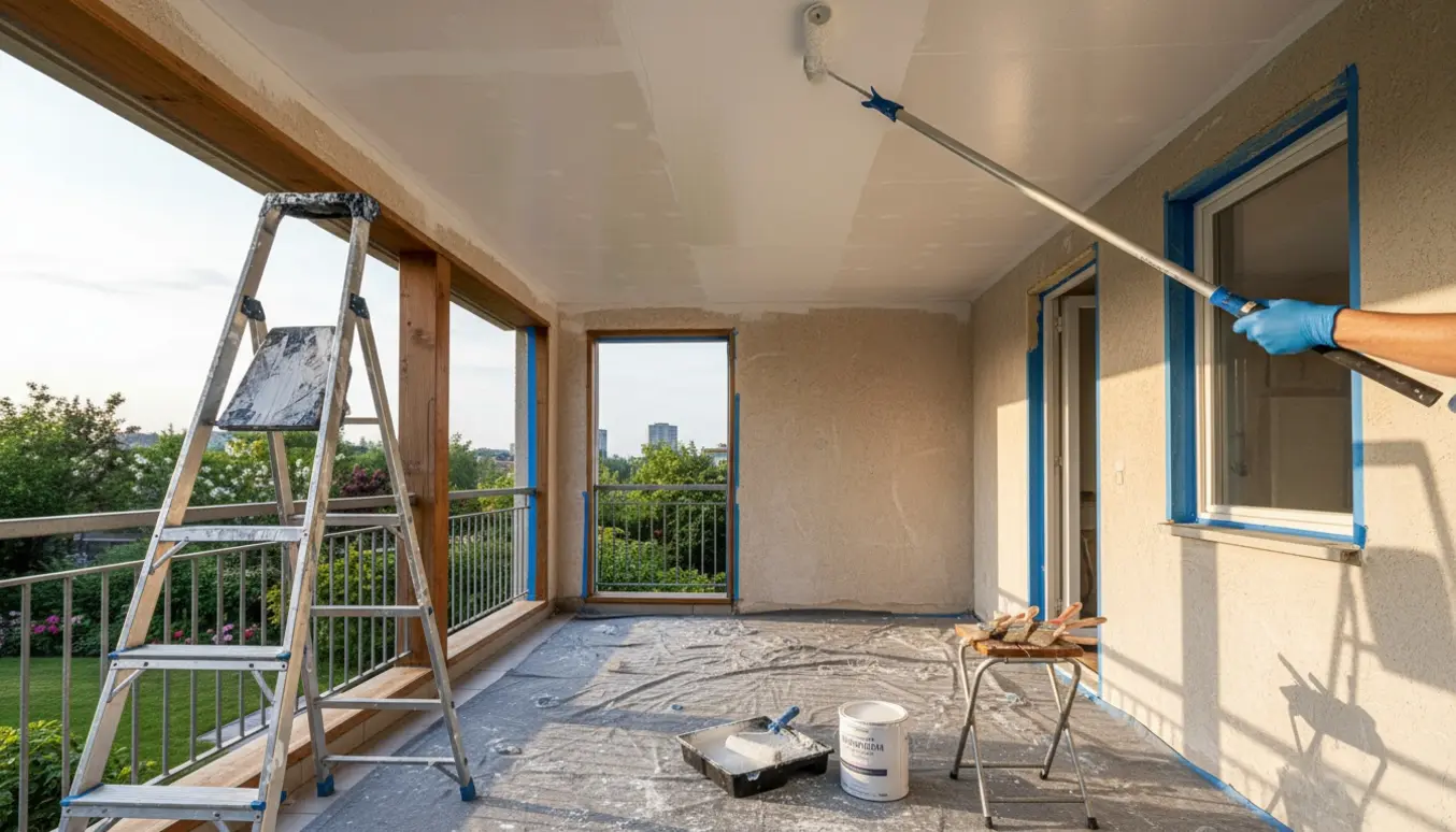 Solbeskinnet terrasse hvor tre vægge og loft males med rulle, med afdækningsplast og malerværktøj i forgrunden.