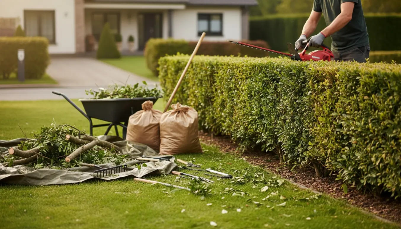 Front-hæk bliver klippet og grene samlet i en skovl og sække klar til bortkørsel.