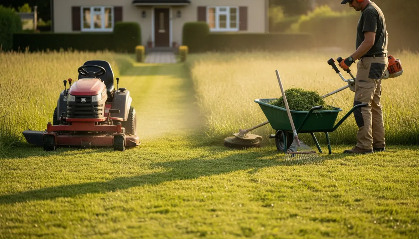 Ride-on plæneklipper og arbejder set bagfra klipper højt græs foran et parcelhus med halvt slået plæne.