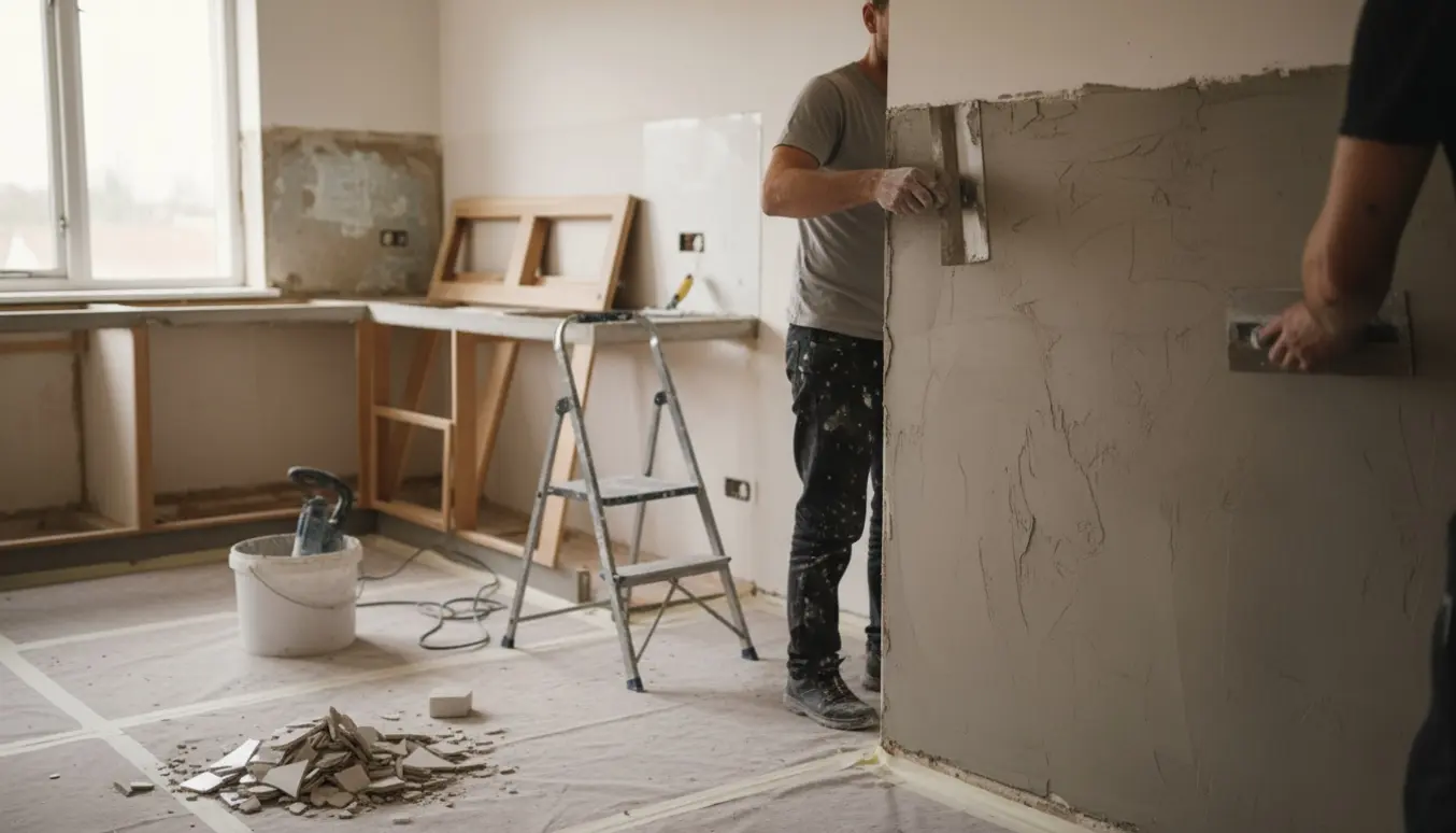 Nærbillede af hænder, der spartler en køkkenvæg efter fjernelse af fliser og glasvæv under renovering.