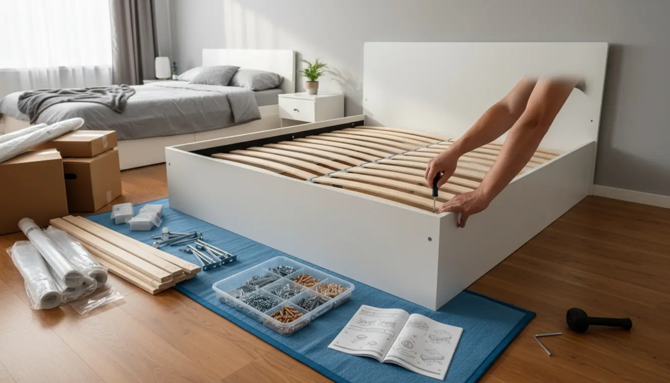 Hænder samler en fladpakket dobbeltseng i et lyst, ryddeligt soveværelse med skruetrækker og dele på gulvet.
