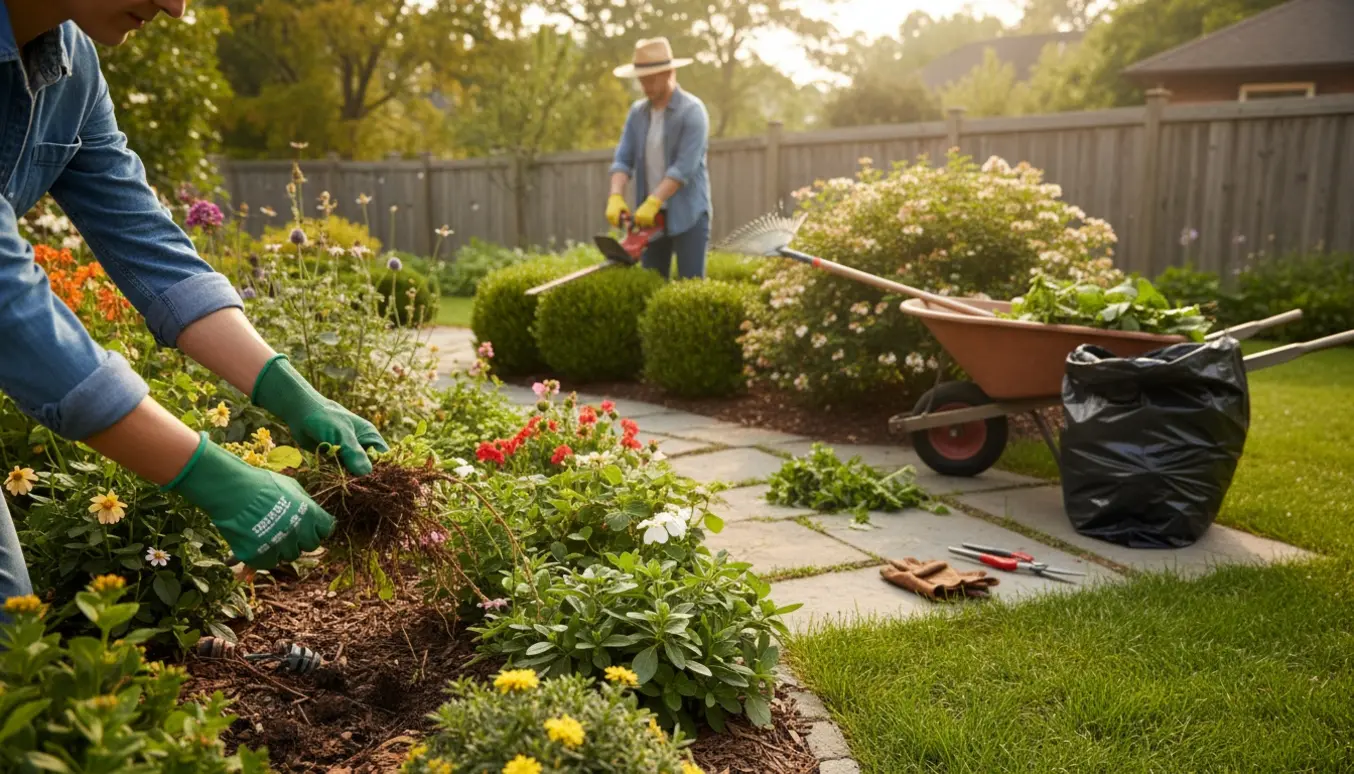 Havearbejde med hæktrimning, beskæring af små buske og fjernelse af ukrudt i en villahave.