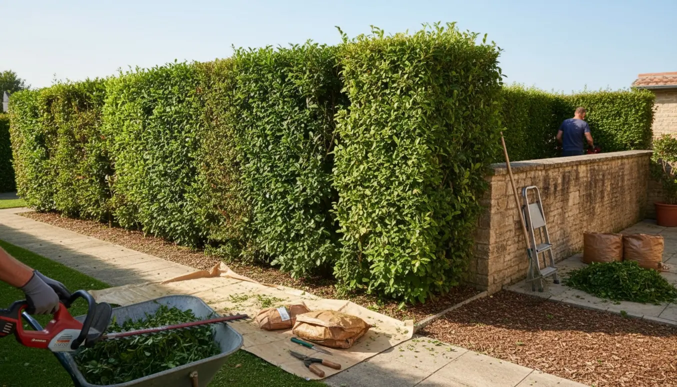 Havemand klipper en høj hæk ved en lav mur, mens afklip samles i en trillebør.