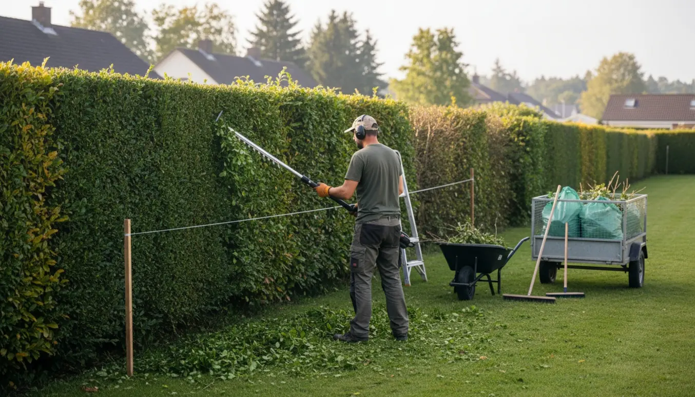 Gartner trimmer en lang hæk set bagfra med en snor som højdeguide og afklip samlet i trillebør klar til bortkørsel.
