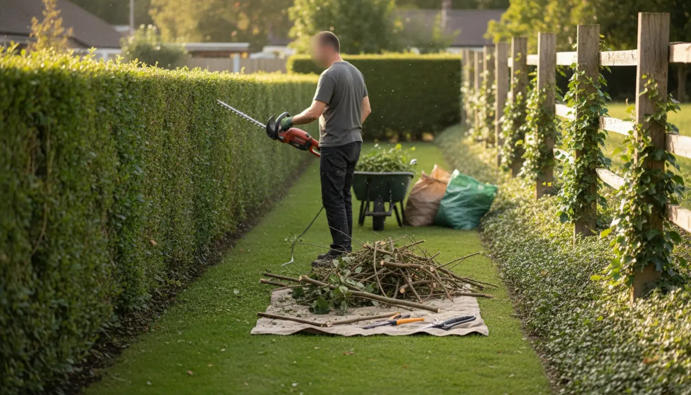 Nærbillede af en nyklippet hæk med haveaffald i en trillebør og beskæringsværktøj.