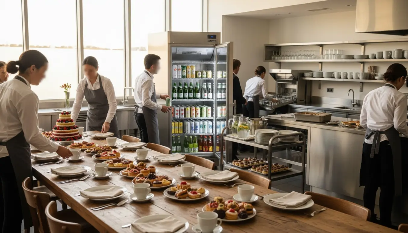 Hjælpere i køkken og spiserum forbereder kager, kaffe, afrydning og køleskabe med drikkevarer til en stor fest.