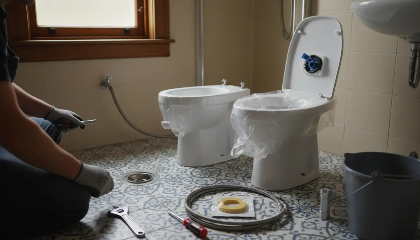 Trang villabadeværelse under udskiftning af toilet, håndværkerens hænder og nyt toilet med adgang til cisterne synligt.
