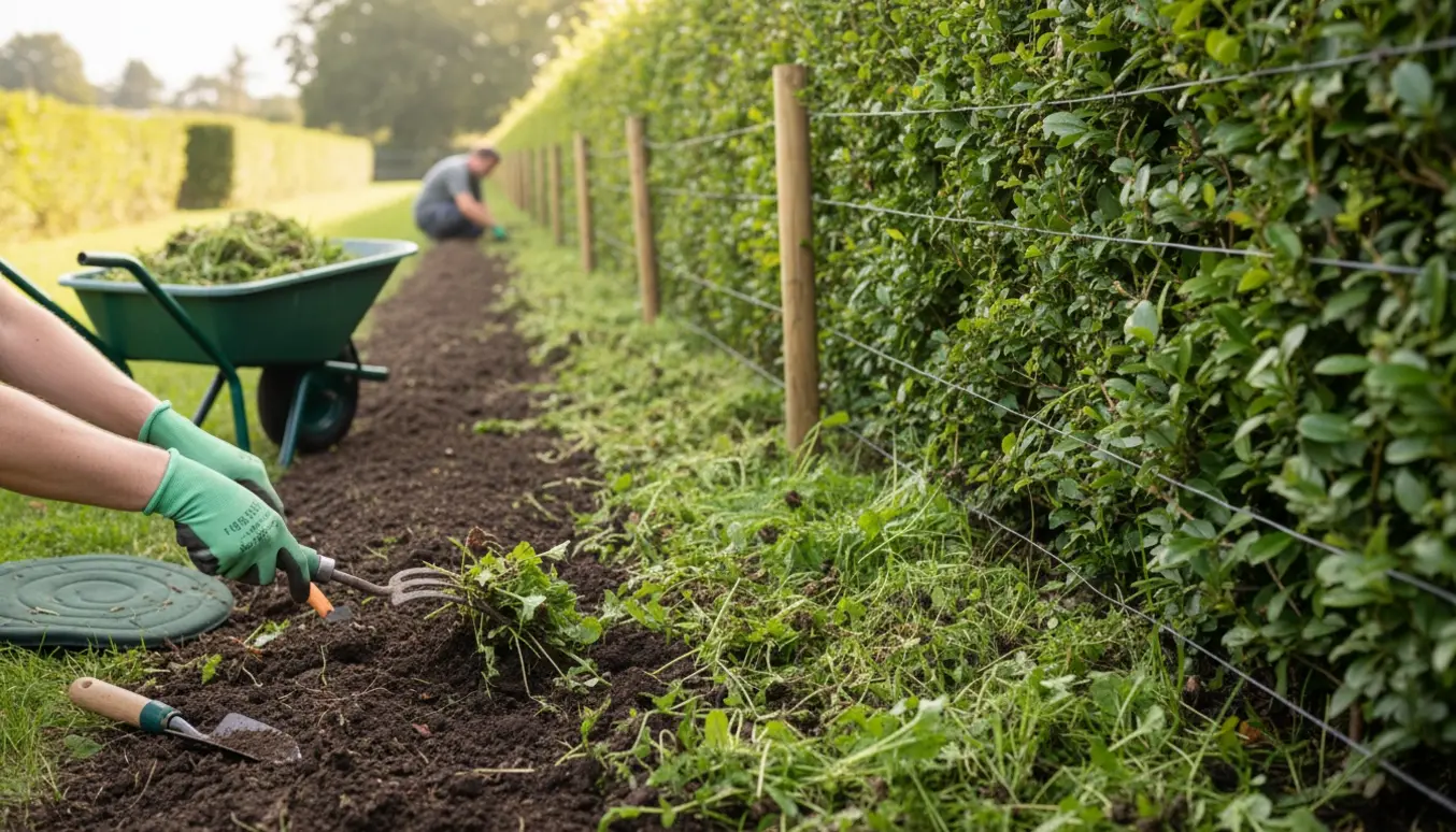 Hækken luges langs en lang havehæk med hundehegn på indersiden og haveredskaber i forgrunden.