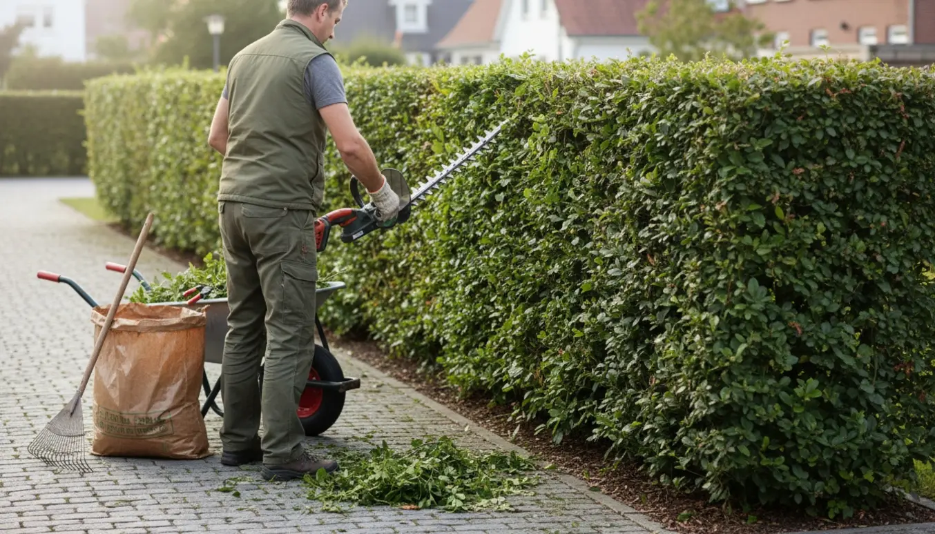 En havearbejder trimmer en 1,8 m høj hæk langs en sti, mens friske afklip samles i en trillebør.
