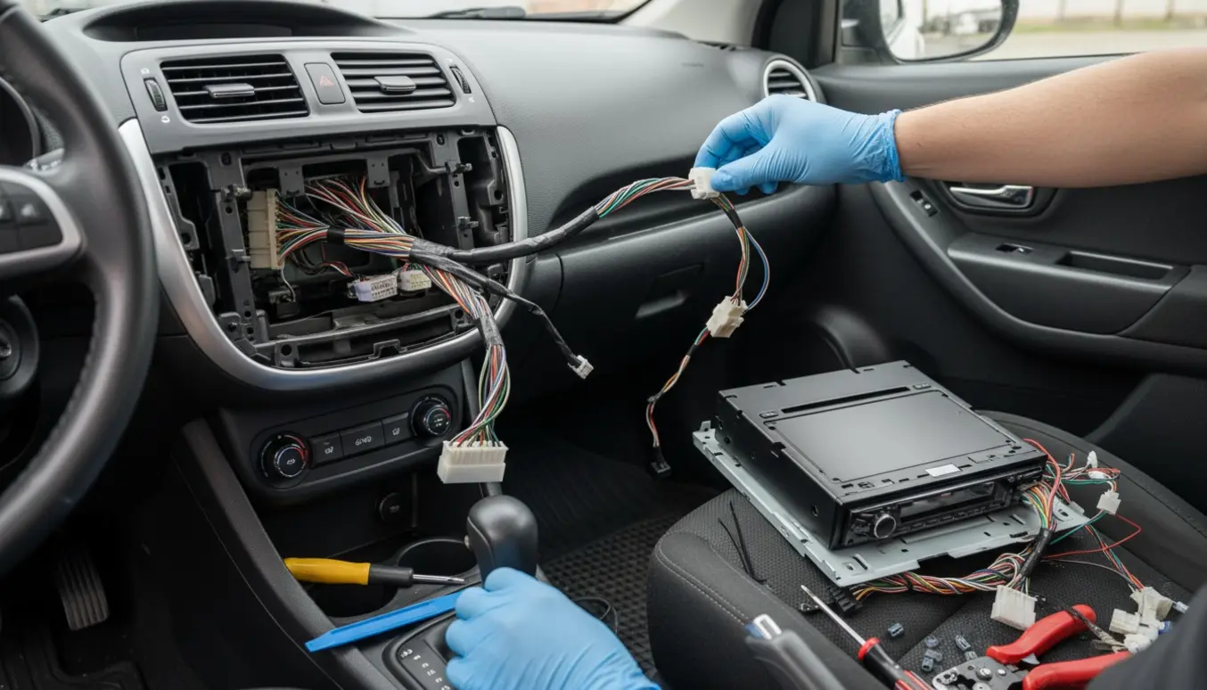 Nærbillede af udskiftning af 2-din bilradio i en Mazda 3 med hænder, ledninger og værktøj.