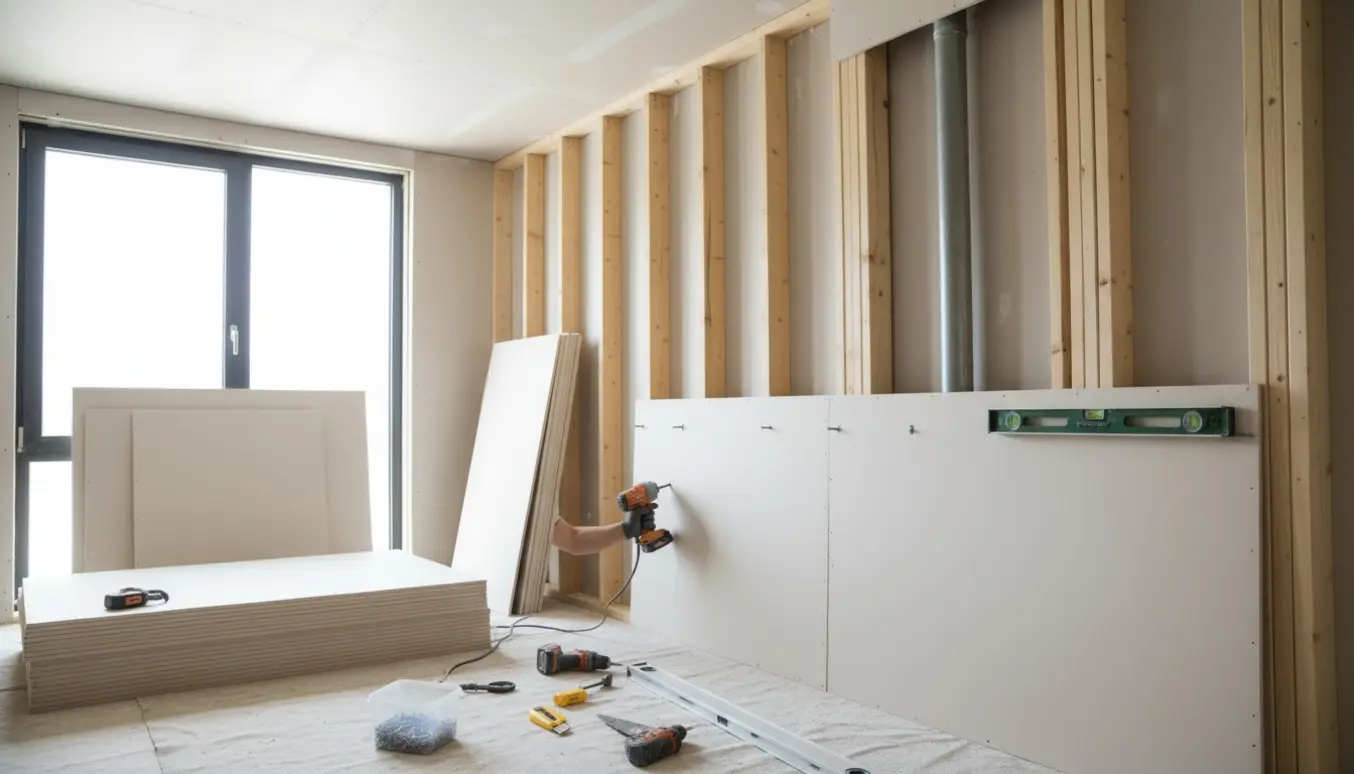 Rum under renovering med gipsplader, værktøj og en delvist monteret rørkasse klar til spartling.