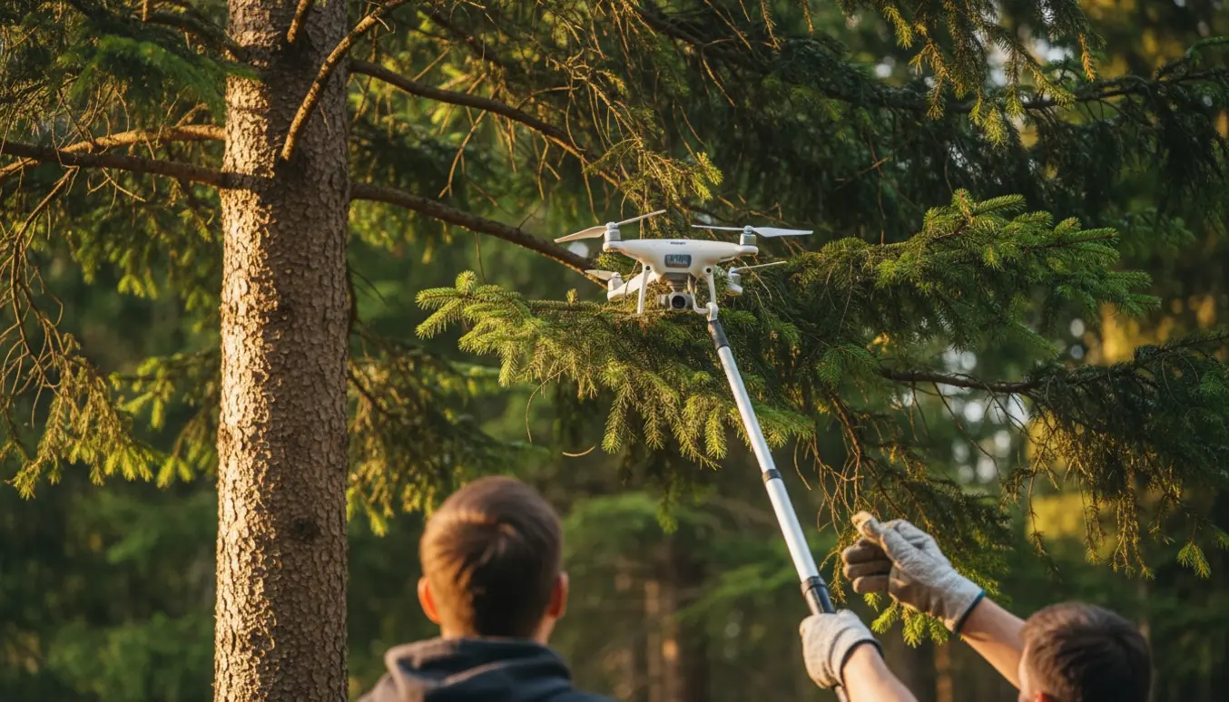 En drone sidder fast i toppen af et grantræ og trækkes ned med en lang teleskopstang.