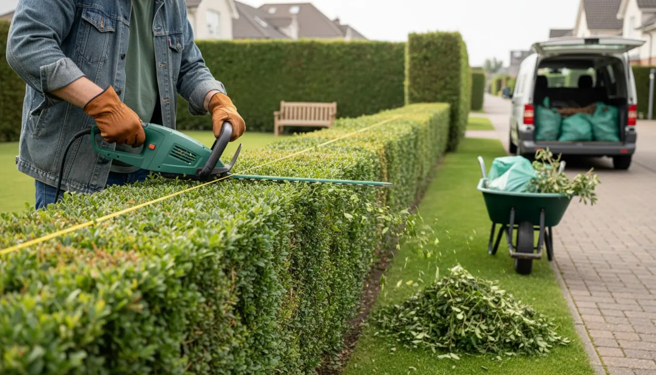 En haveejer trimmer en lang hæk med bunker af hækafklip og trailer klar til bortskaffelse.