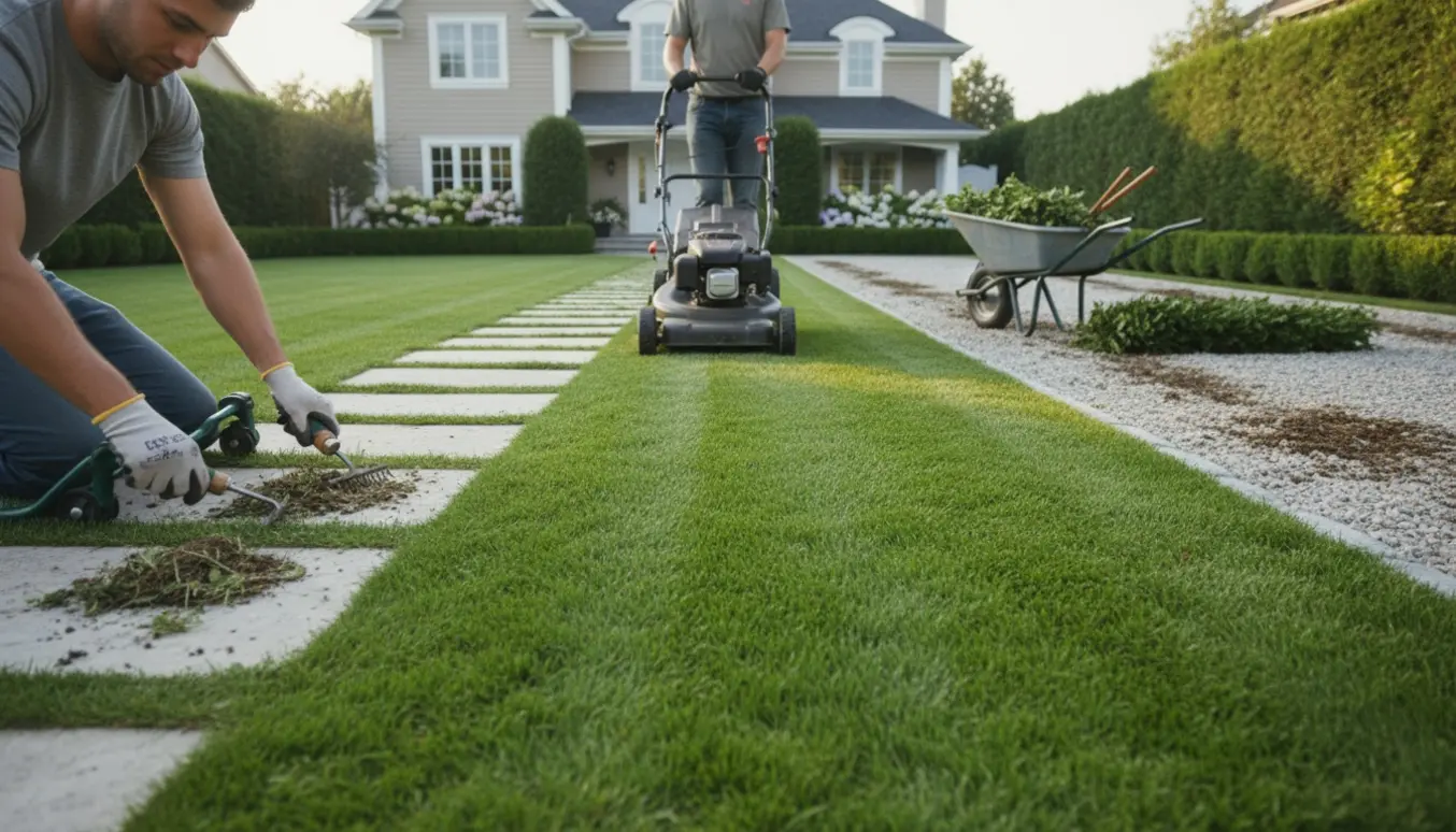 Forhave ved hus til salg med græsslåmaskine, fjernet ukrudt på fliser og indkørsel med granitskærver.