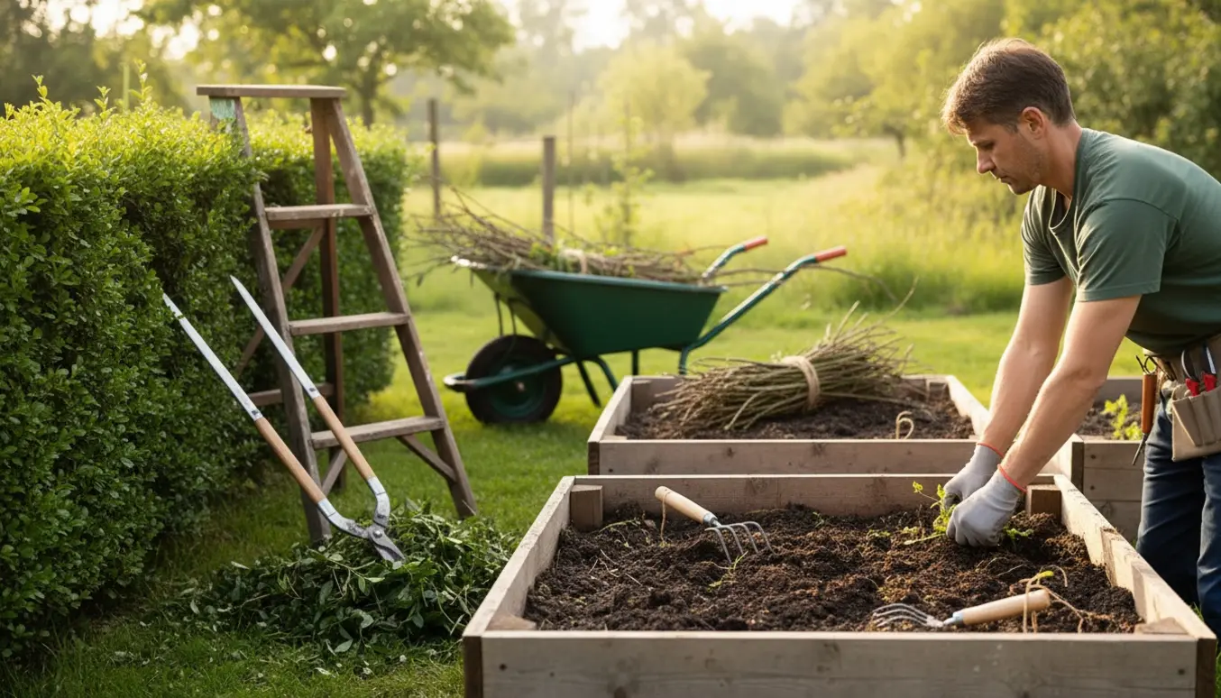 Nærbillede af haveredskaber og hænder, mens en hæk klippes og tre bede luges i en solrig have.