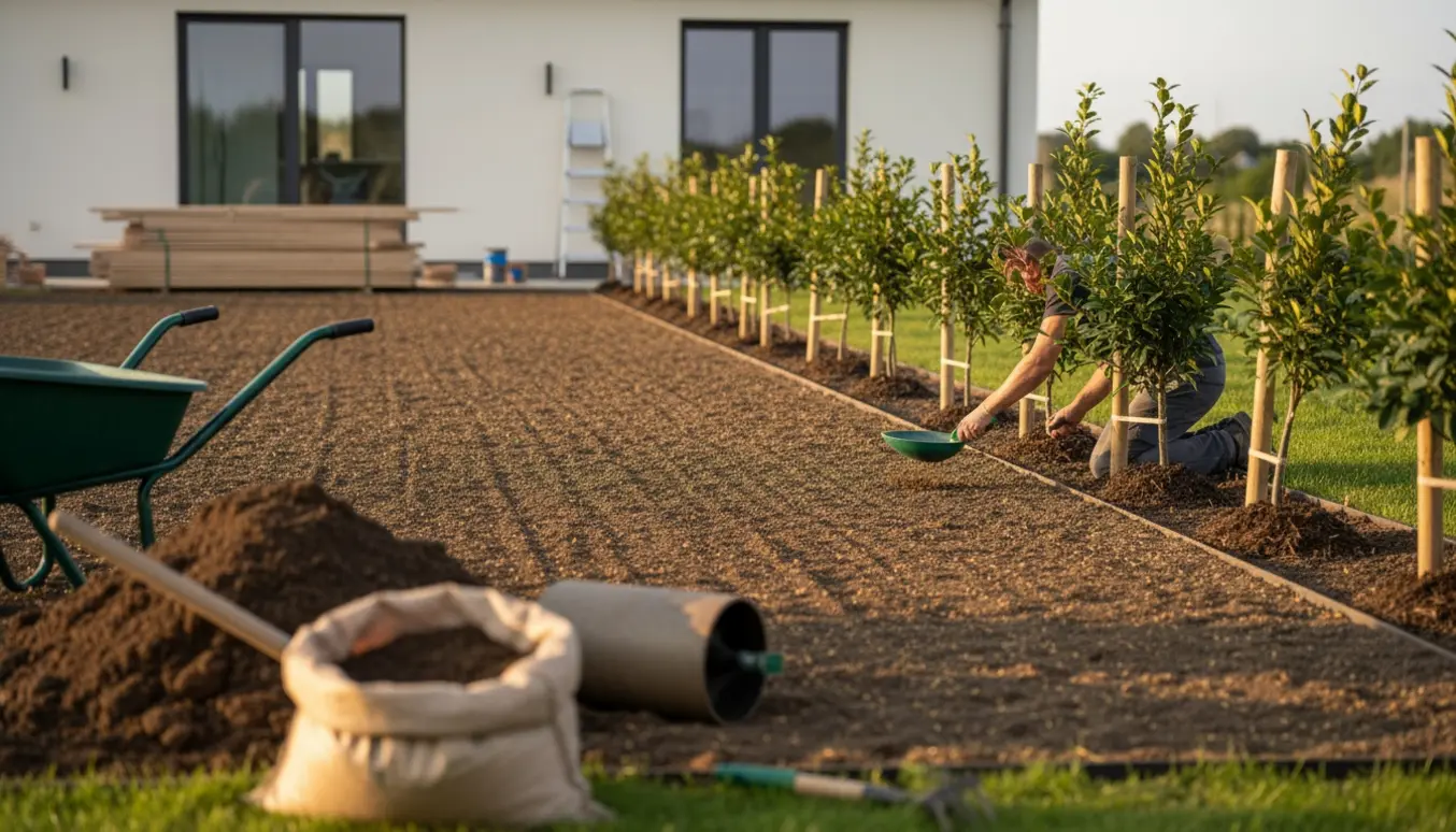 Nyoprettet græsbed med udlagt muldjord og nysået plæne foran et nybygget hus, mens en række laurbærkirsebær-sætteplanter er plantet langs kanten.