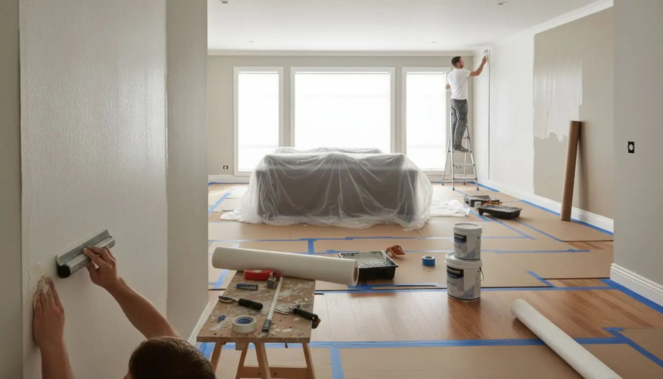 Stor, lys stue under renovering med pap på gulvet, filt på væggen og malerværktøj klar.