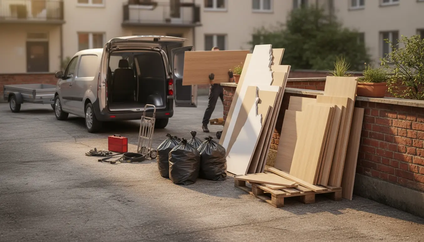 Gipsplader, skabe og affaldsposer i gården klar til afhentning med varevogn eller trailer.