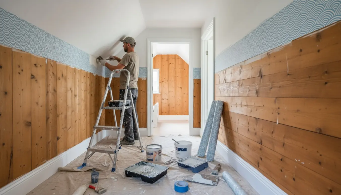 Sommerhusgang og lille soveværelse under renovering med spartel, tapetruller og malergrej ved lavt loft.