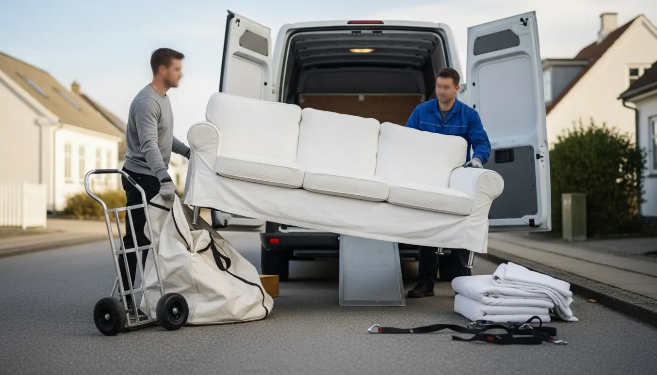 Hvid trepersoners sofa løftes ind i en lukket varevogn i en lille dansk by, mens betrækket pakkes i en beskyttelsessæk.