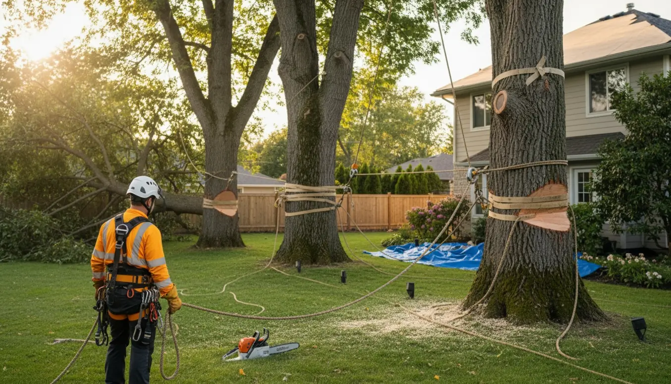 Tre store træer tæt på et hus, hvor et træ ligger fældet og intakt på græsset mens en arborist med sikkerhedsudstyr styrer tov.