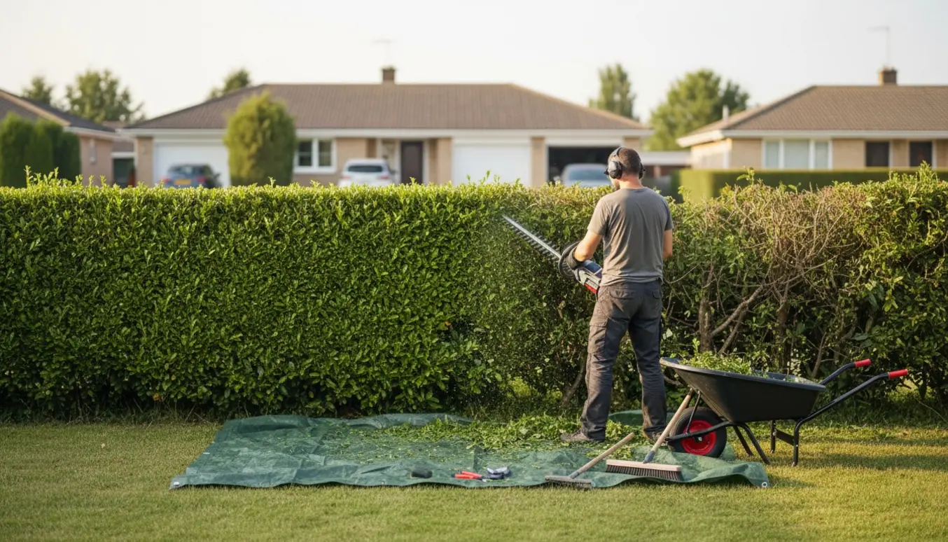 Lang hæk i villakvarter klippes med elektrisk hækkeklipper, afklip samlet på en presenning.