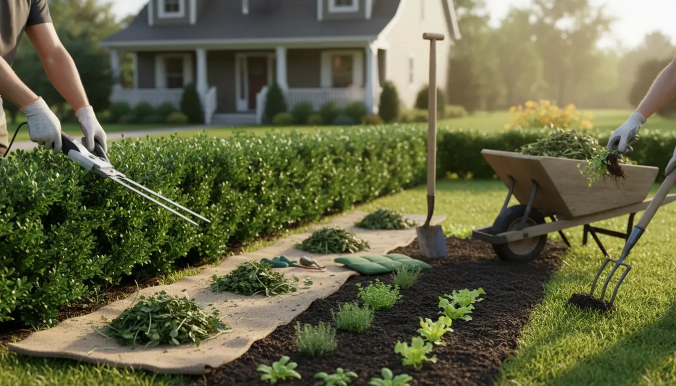 Nærbillede af beskåret hæk og lugede bed langs parcelhus med haveredskaber og handsker.