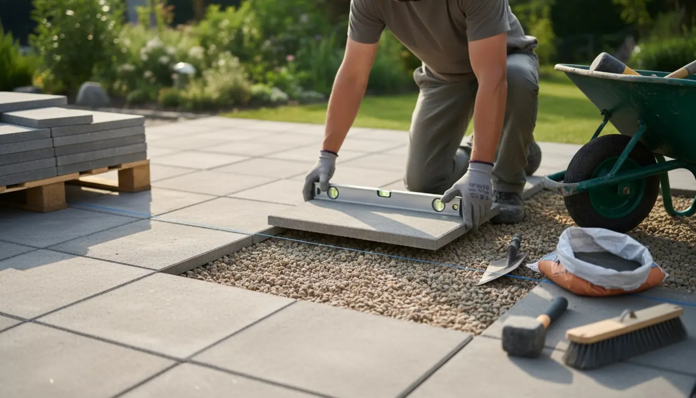 Hænder lægger store kvadratiske betonfliser på et grusunderlag i en baghave med værktøj ved siden af.