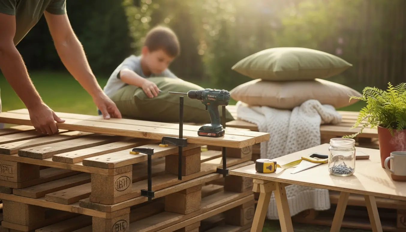 To personer bygger en pallehavesofa i en solrig baghave med fokus på hænder og træpaller.