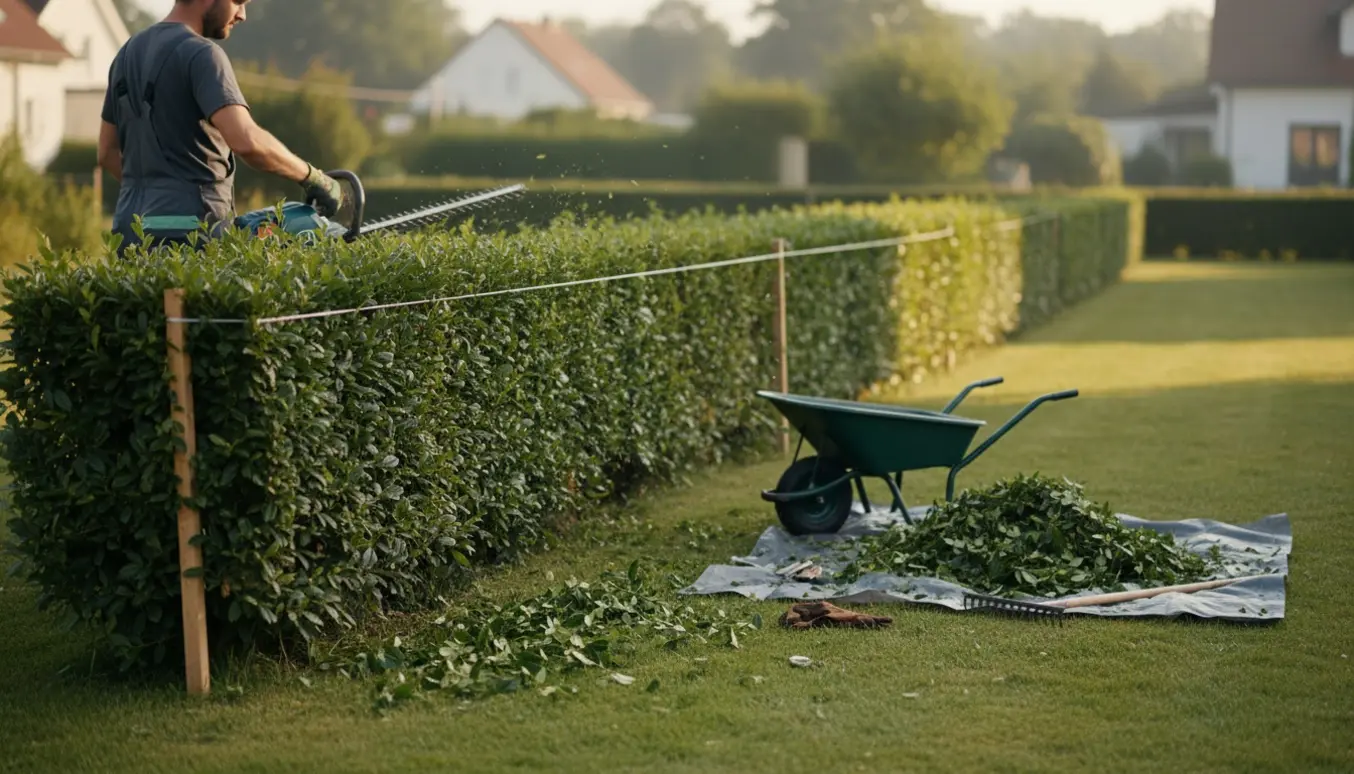 Veltrimmet hæk langs en indkørsel med en person set bagfra, der klipper toppen med en elektrisk hækklipper.
