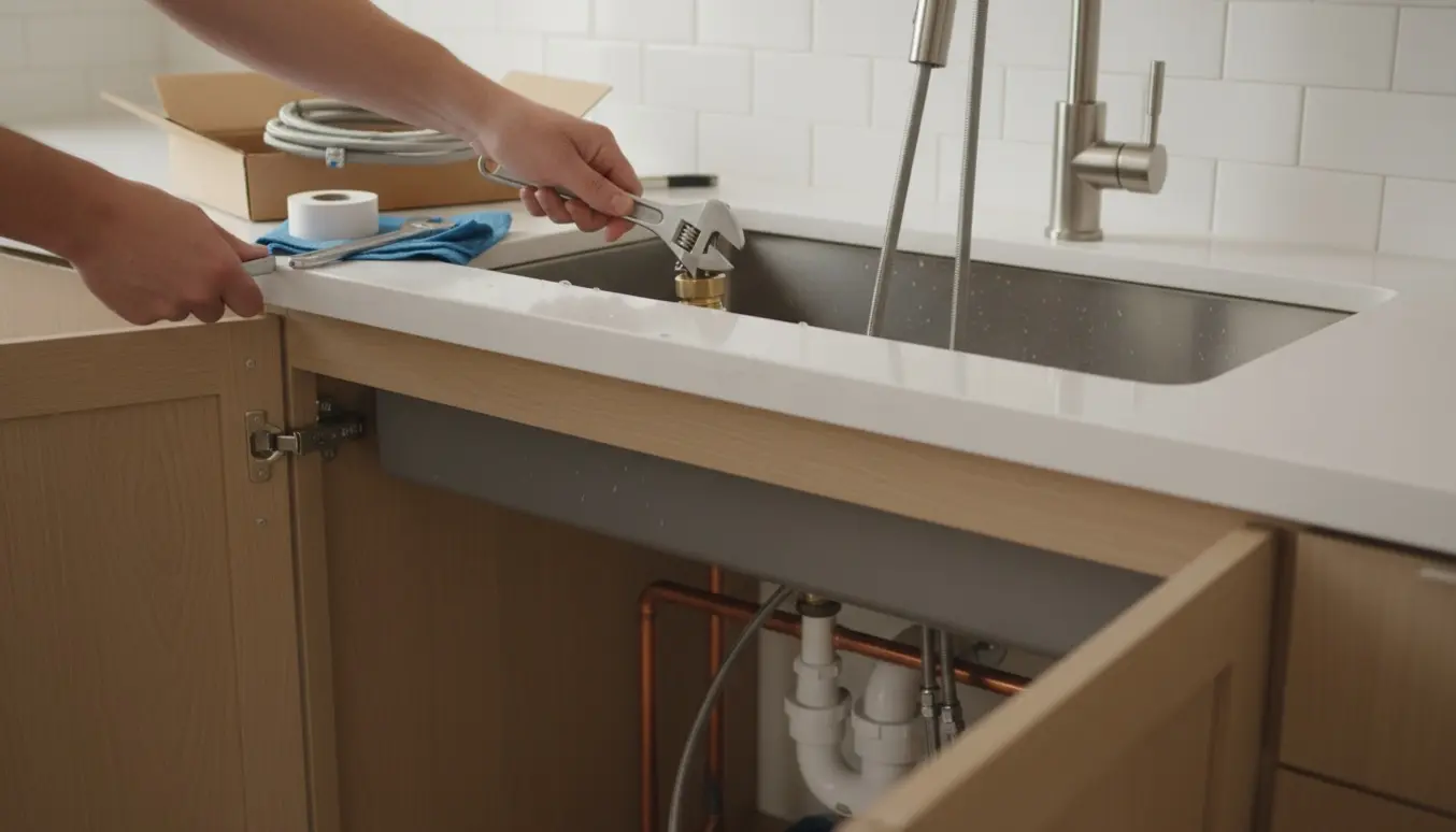 Nærbillede af hænder, der monterer en ny børstet-nikkel køkkenhane ved en rustfri vask med værktøj og fittings.