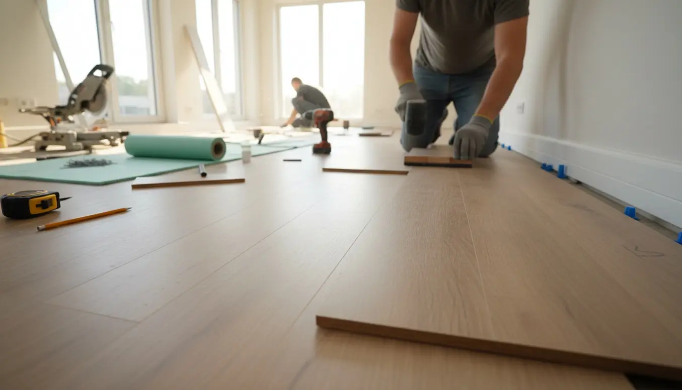 Nærbillede af installation af laminat klikgulv med værktøj og hvide fodpaneler i et lyst, åbent rum.