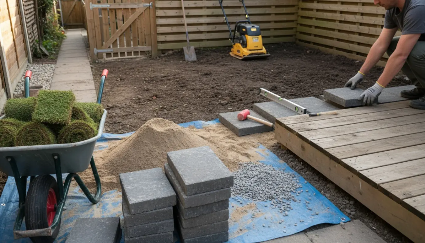 Terrassearbejde med fjernet græs, trillebør med jord og fliser klar til lægning ved en eksisterende terrasse.