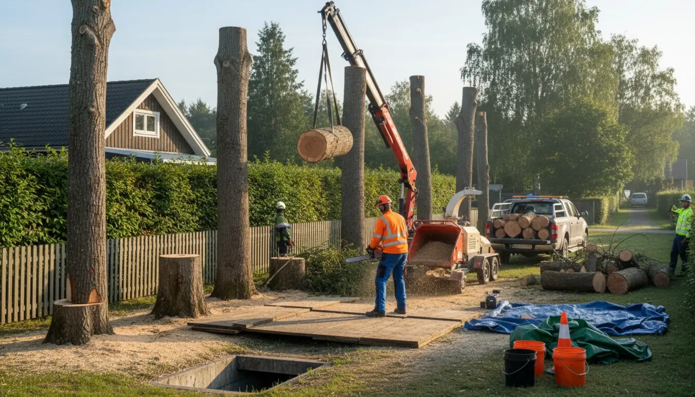 Fældning og fjernelse af fem døde træer ved en sommerhusgrund med maskiner, flishugger og stabler af stammer.