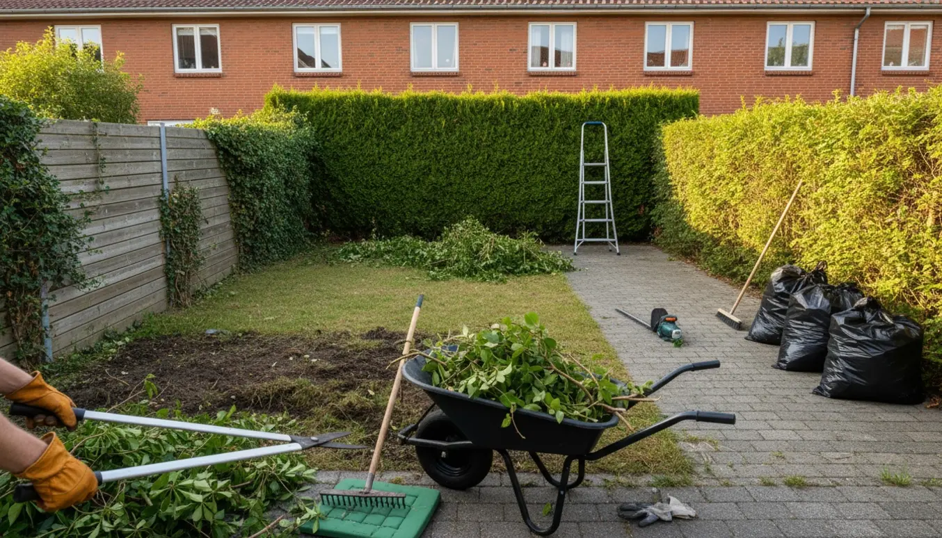Overgroet gårdhave ved et rødt murstenshus med beskårne hække, haveredskaber og affaldssække på parkeringspladsen.
