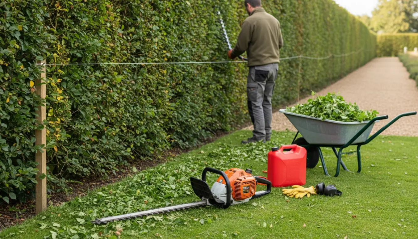 En kraftig benzindrevet hækklipper klipper en lang bøgehæk langs en havegang med en snor som højdeguide og friske afklip på græsset.