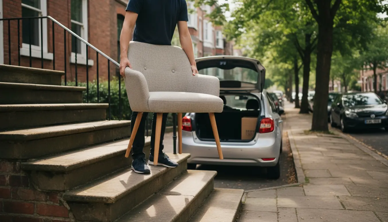 En person bærer en lille, let lænestol ned ad en kort trappe mod en parkeret bil på en rolig boliggade.