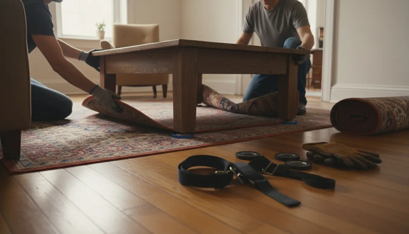 To personer løfter et tungt træ-sofabord i en lille stue, mens et tæppe rulles op og trægulvet afsløres.