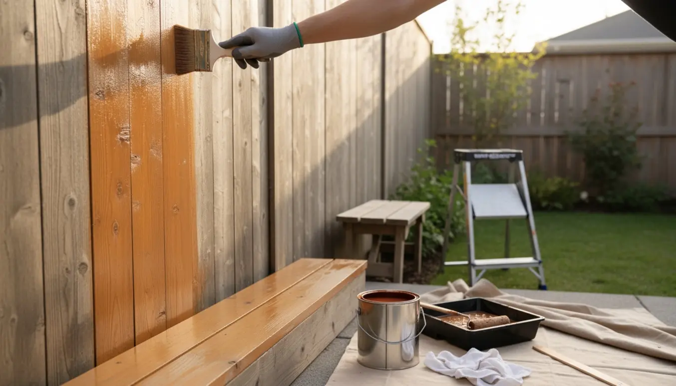 Nærbillede af påføring af træbeskyttelse på udendørs hegn, bænk og terrasse med pensel, der viser før-og-efter kontrast.