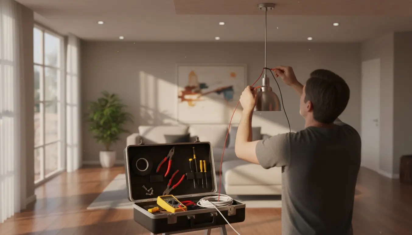 Elektriker monterer en loftlampe i et moderne hjem med værktøj og synlige ledninger.