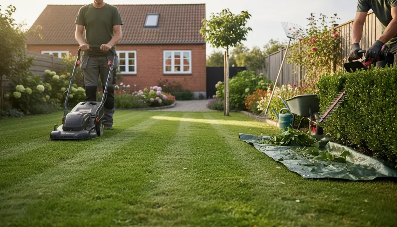Slå græs og trimmer hæk i en velplejet forstadshave i Hvidovre.