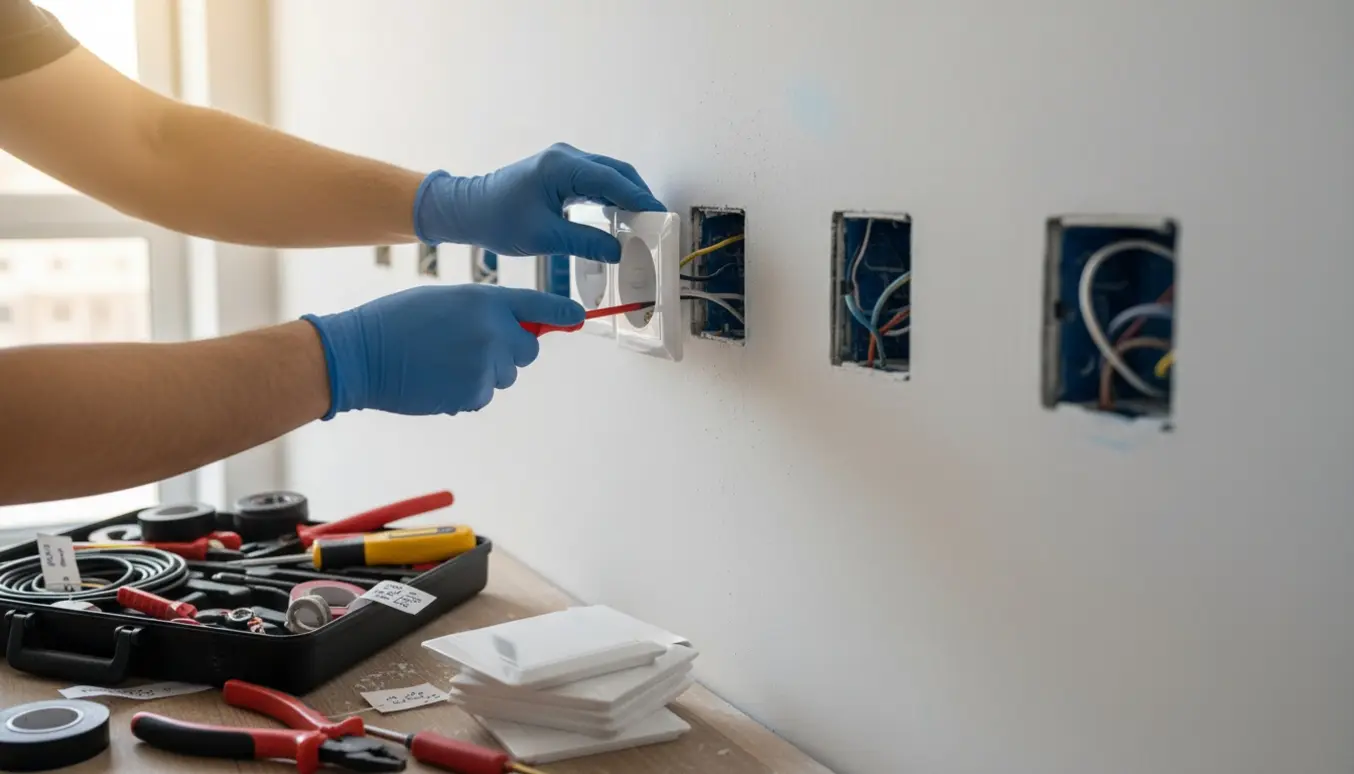 Hænder og værktøj til udskiftning af flere stikkontakter i en moderne lejlighedskorridor.