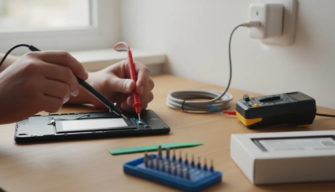 Nærbillede af et åbent 10" tablet på et bord med batteri, multimeter og opladerkabel til fejlfinding.
