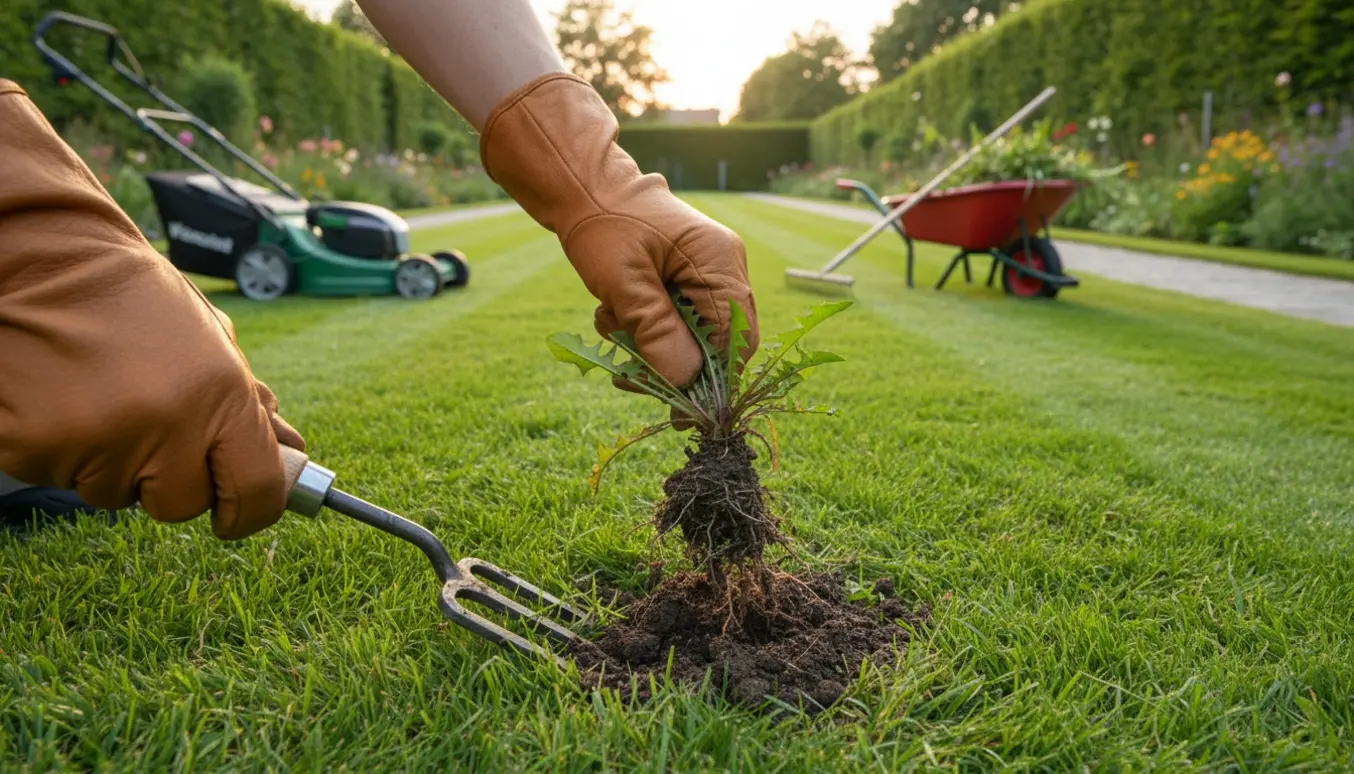 Hænder i handsker trækker ukrudt op ved en nyslået græsplæne med plænestriber og værktøj i baggrunden.