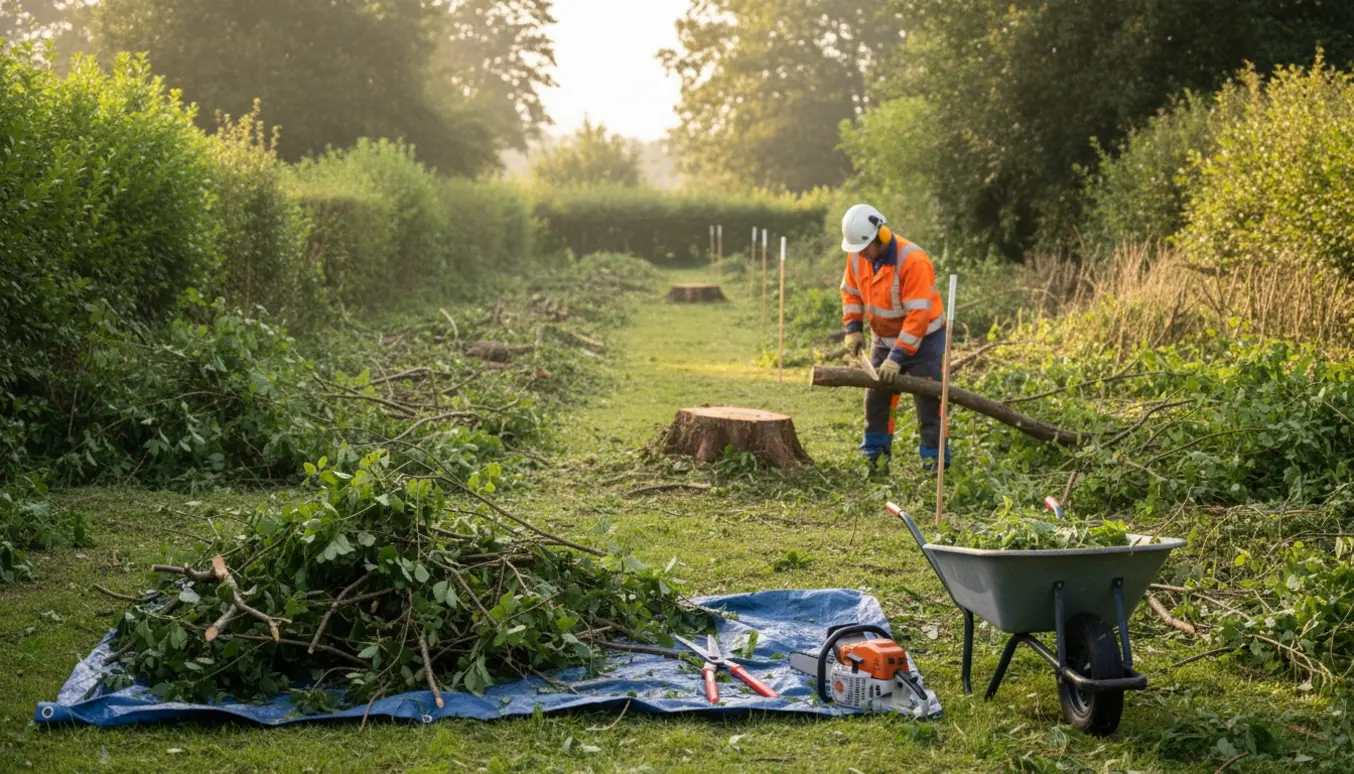 Lang, nyslået beplantningsstribe med beskårne grene, en fældet træstub og haveredskaber klar til fjernelse.