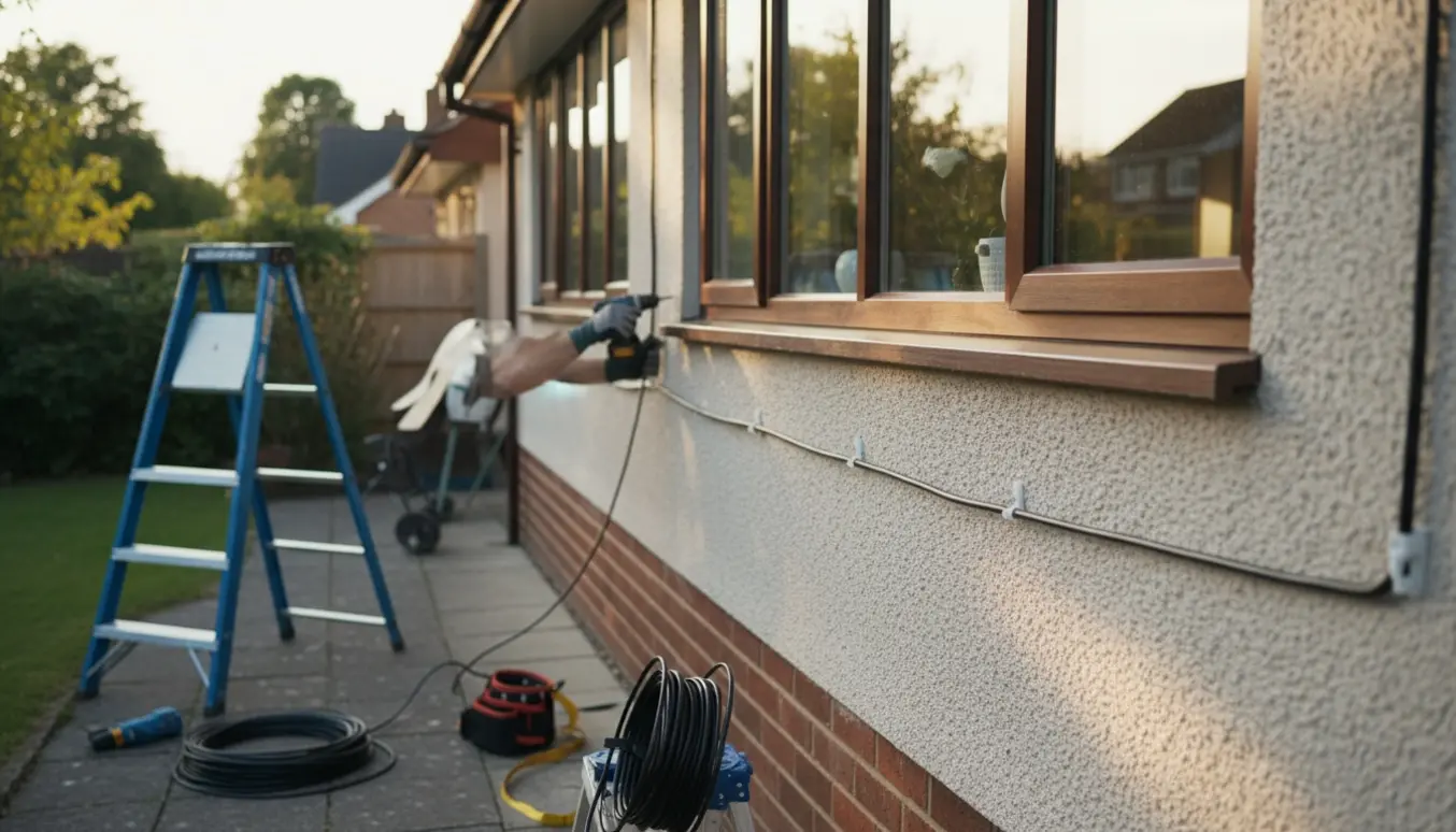 Udendørs internetkabel føres op ad husmuren fra stuen til 1. sal med stige, kabelrulle og værktøj, uden synlige ansigter.