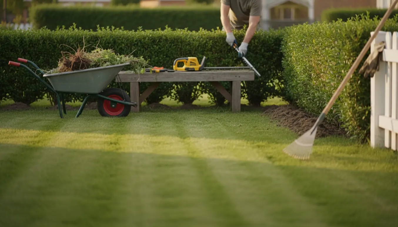 Nærbillede af havearbejde før fraflytning med nyslået græs, klippede hække og samlet ukrudt i trillebør.
