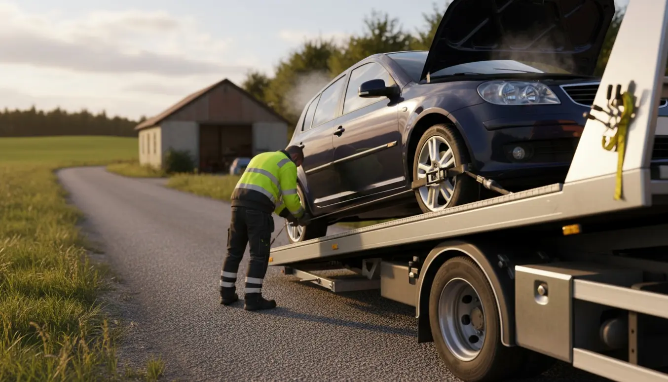 En kranbil læsser en defekt bil på en landevej, mens en mekaniker sikrer den til transport til værksted.