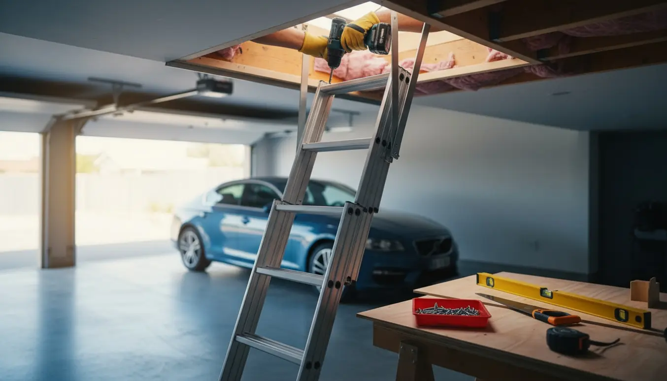 Foldbar loftslem monteres i en garage med værktøj og hænder i fokus.